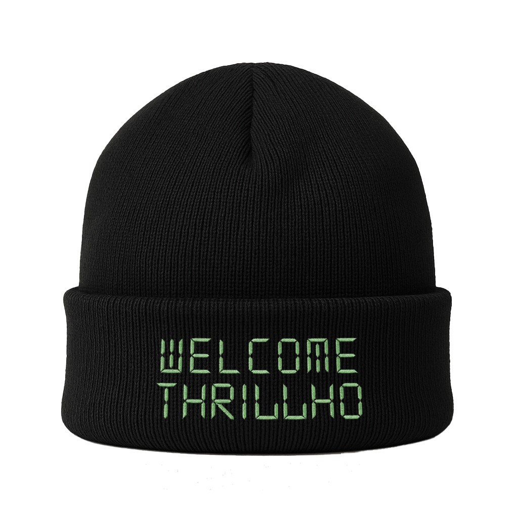 WELCOME THRILLHO BLACK BEANIE WITH GLOW IN THE DARK THREAD WELCOME THRILLHO BLACK BEANIE WITH GLOW IN THE DARK THREAD
