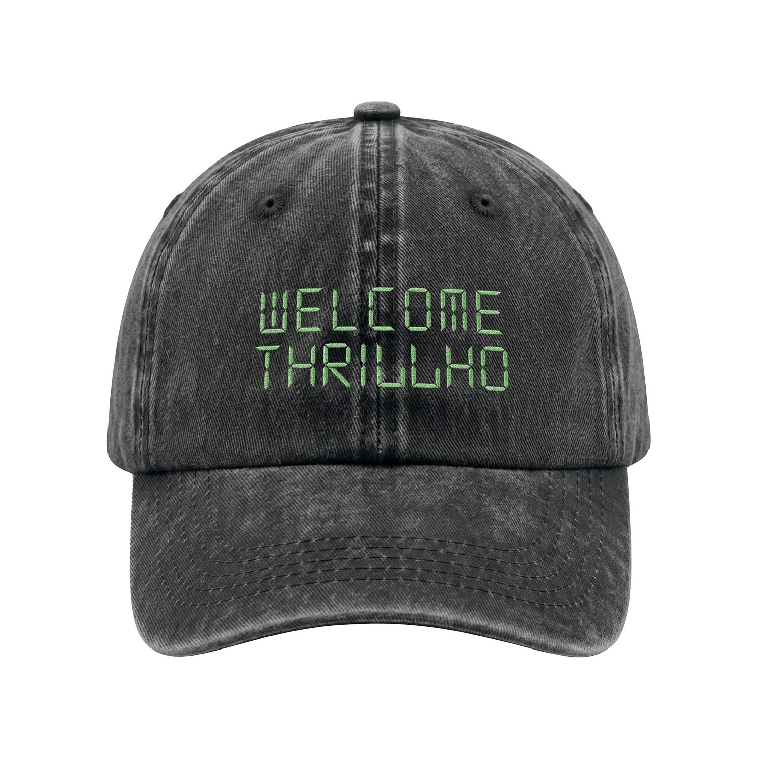 WELCOME THRILLHO WASHED BLACK DAD HAT WITH GLOW IN THE DARK THRE WELCOME THRILLHO WASHED BLACK DAD HAT WITH GLOW IN THE DARK THRE