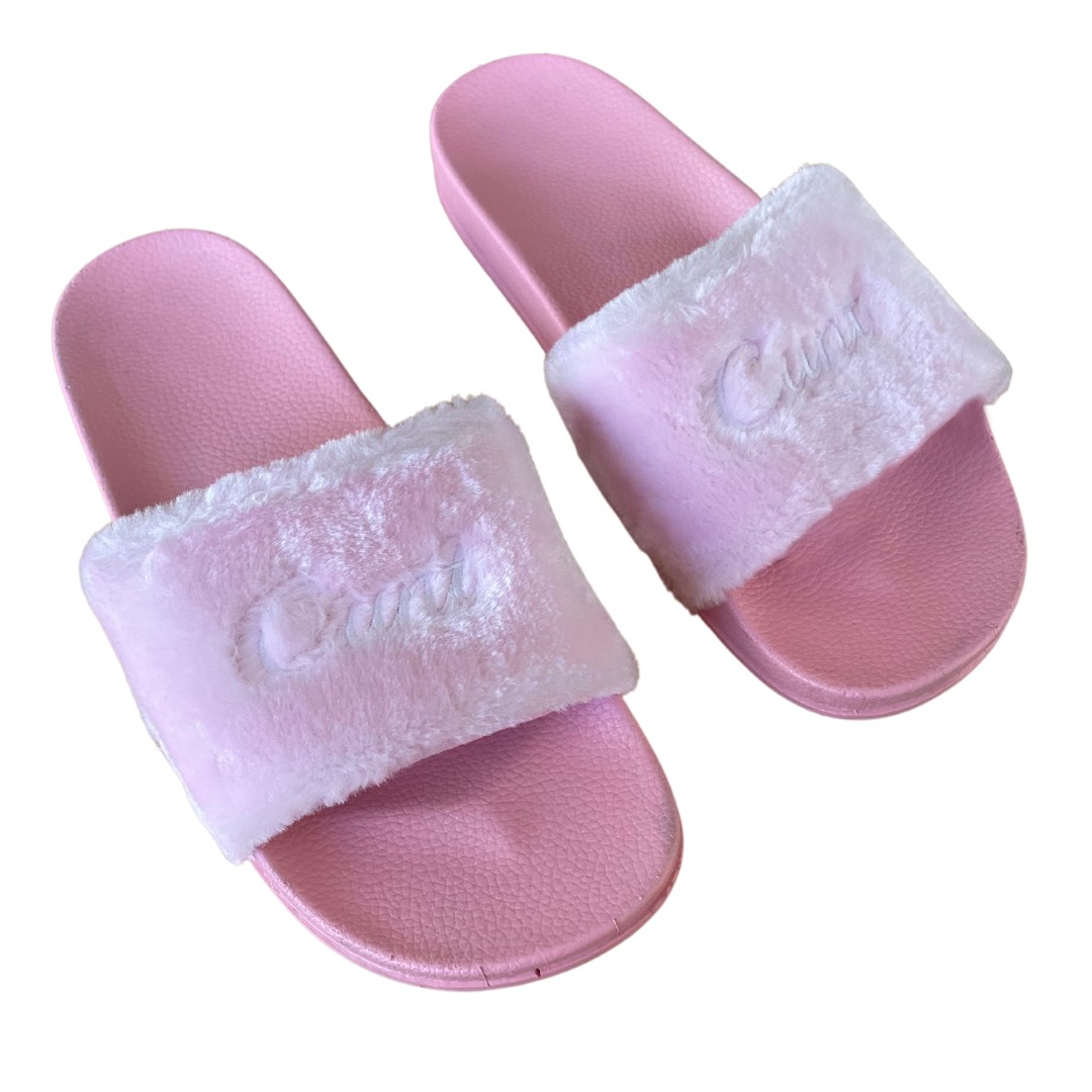 PINK FUR CURSIVE SLIDES PINK FUR CURSIVE SLIDES