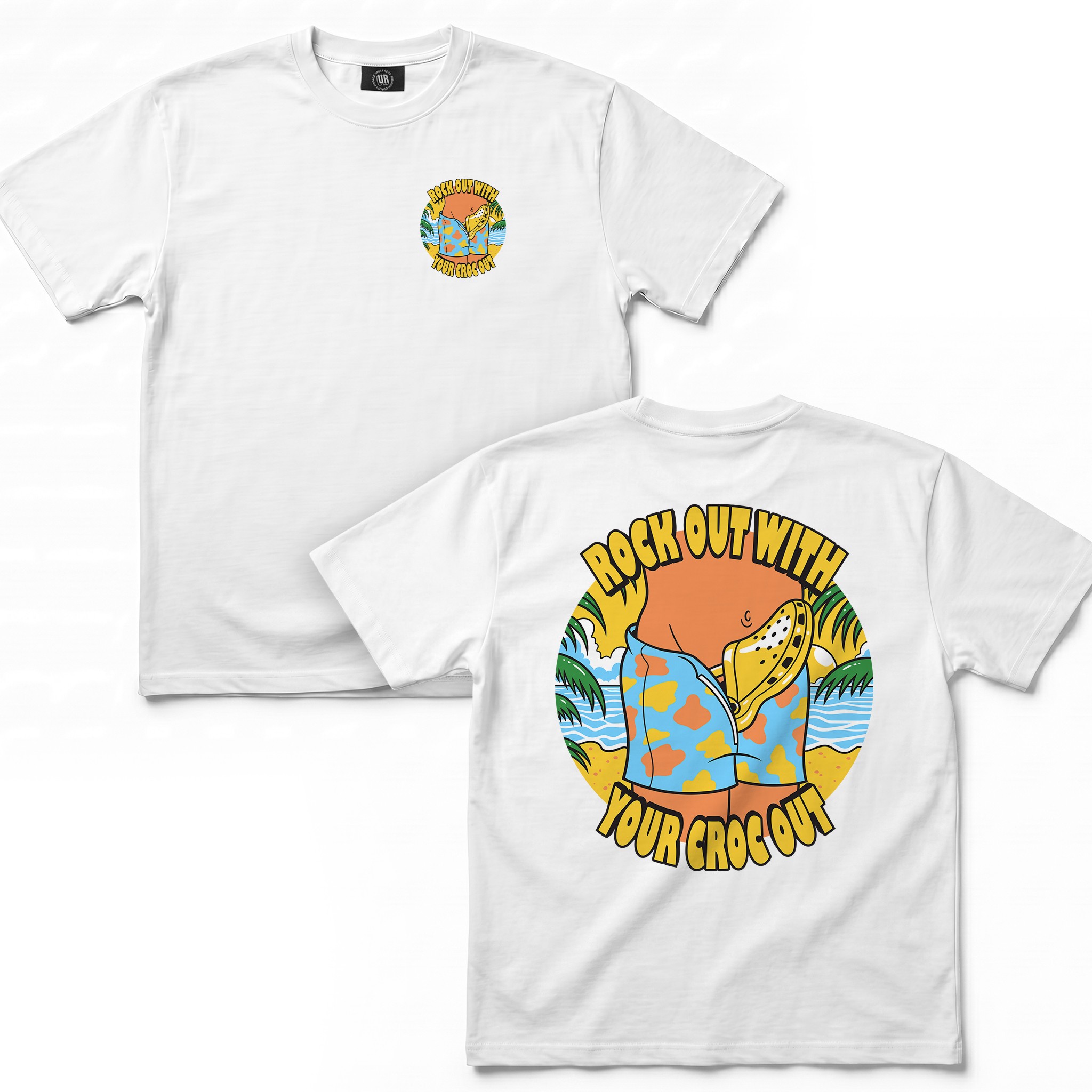 ROCK OUT WITH YOUR CROC OUT FRONT AND BACK WHITE TEE ROCK OUT WITH YOUR CROC OUT FRONT AND BACK WHITE TEE