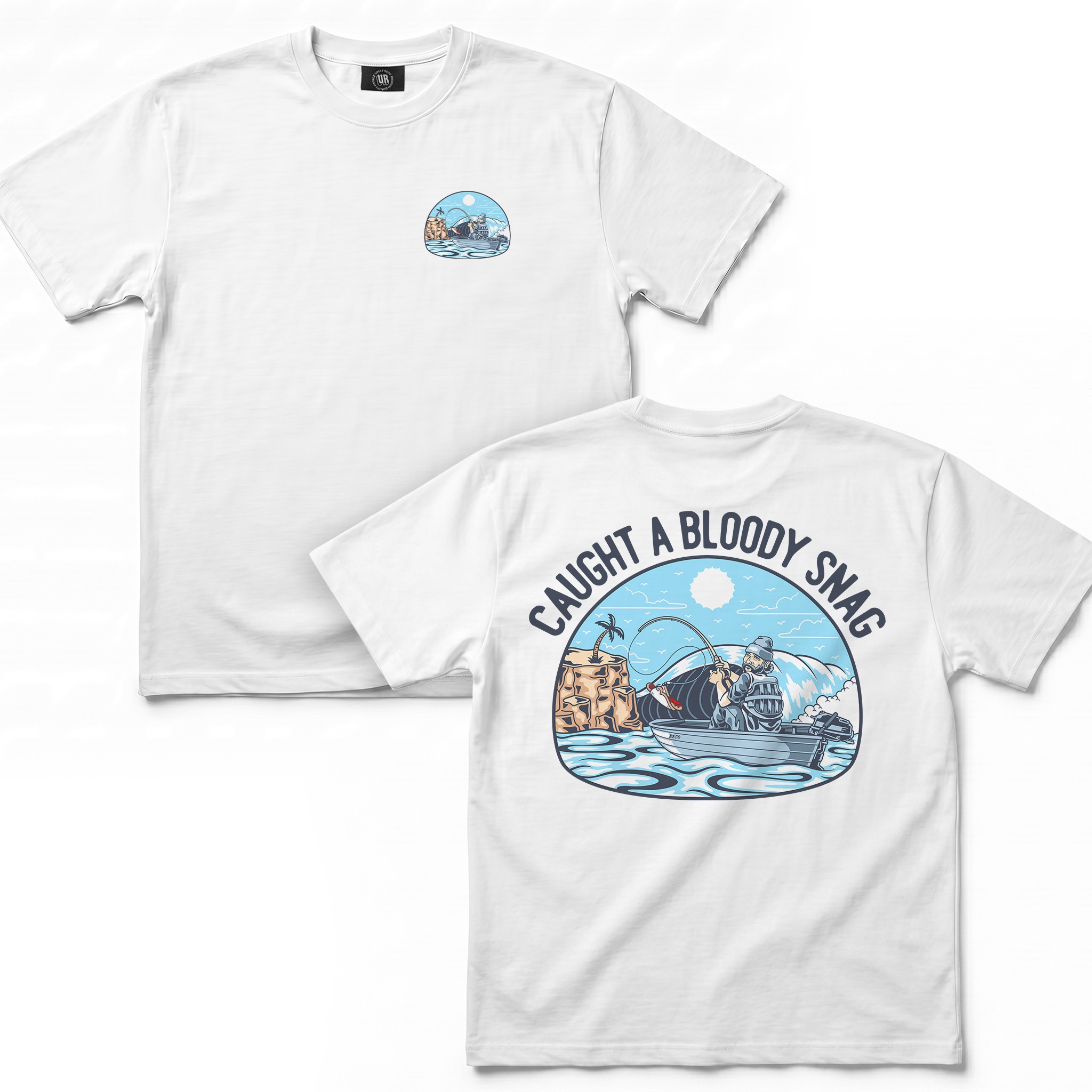 CAUGHT A SNAG FRONT AND BACK WHITE TEE CAUGHT A SNAG FRONT AND BACK WHITE TEE