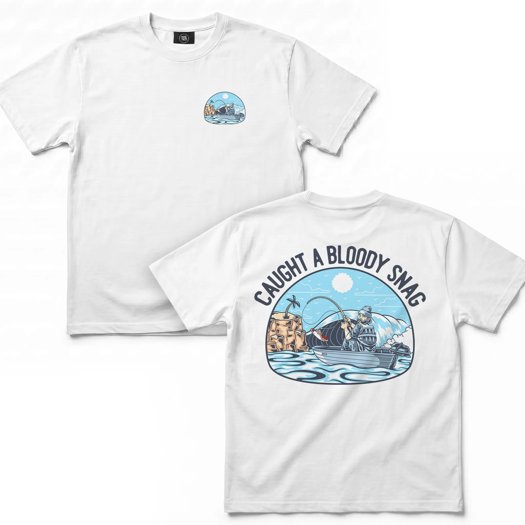 CAUGHT A SNAG FRONT AND BACK WHITE TEE CAUGHT A SNAG FRONT AND BACK WHITE TEE
