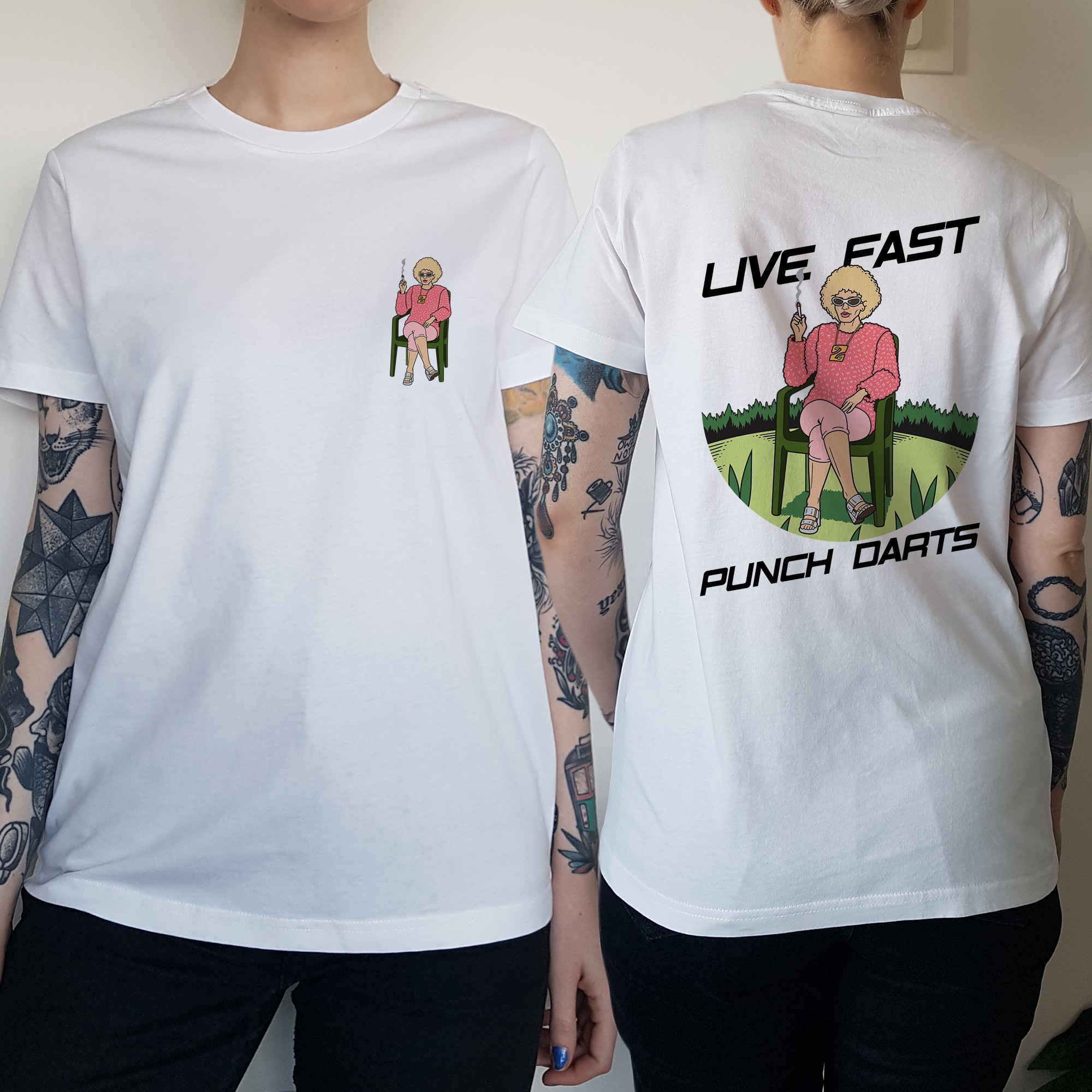 WOMENS LIVE FAST PUNCH DARTS FRONT AND BACK WHITE TEE