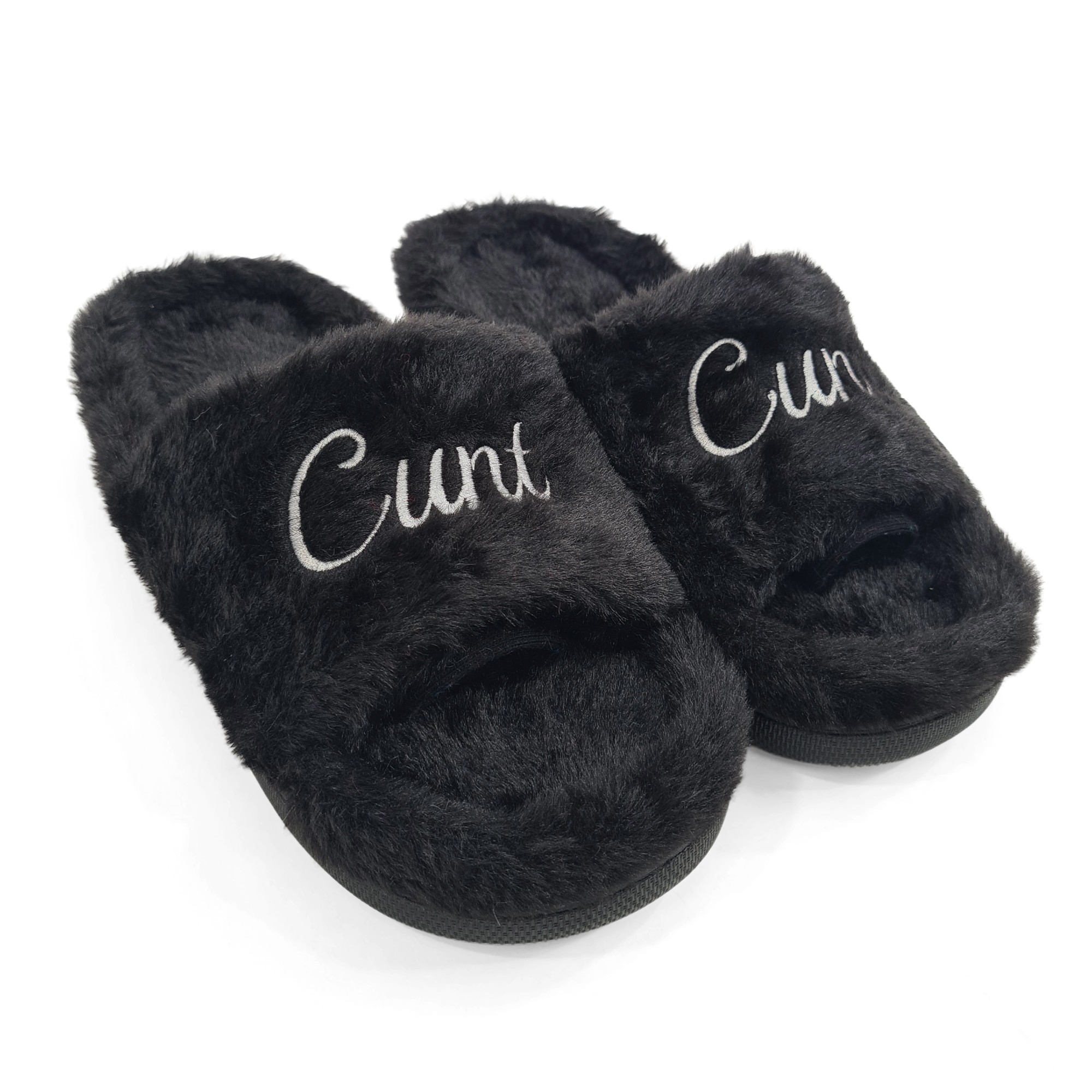 BLACK CURSIVE FUR SLIPPERS BLACK CURSIVE FUR SLIPPERS