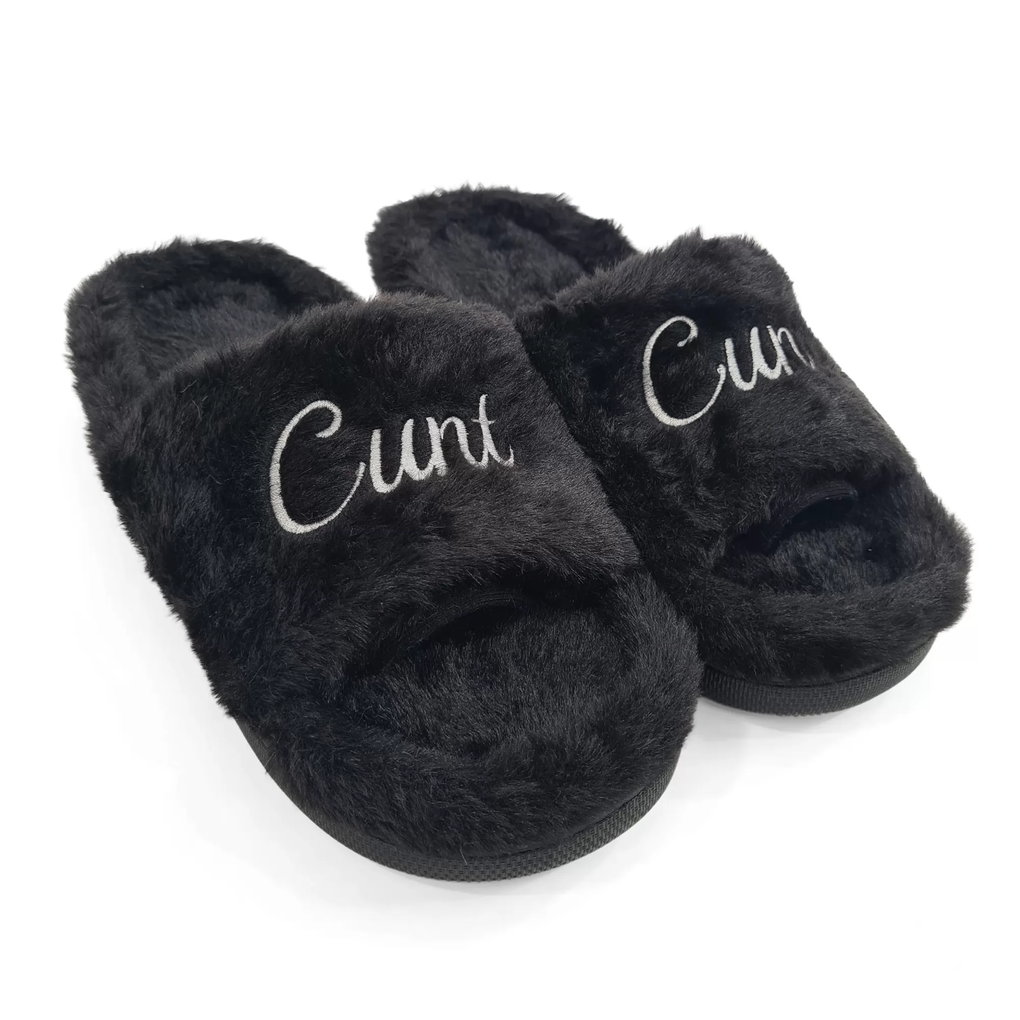 BLACK CURSIVE FUR SLIPPERS BLACK CURSIVE FUR SLIPPERS
