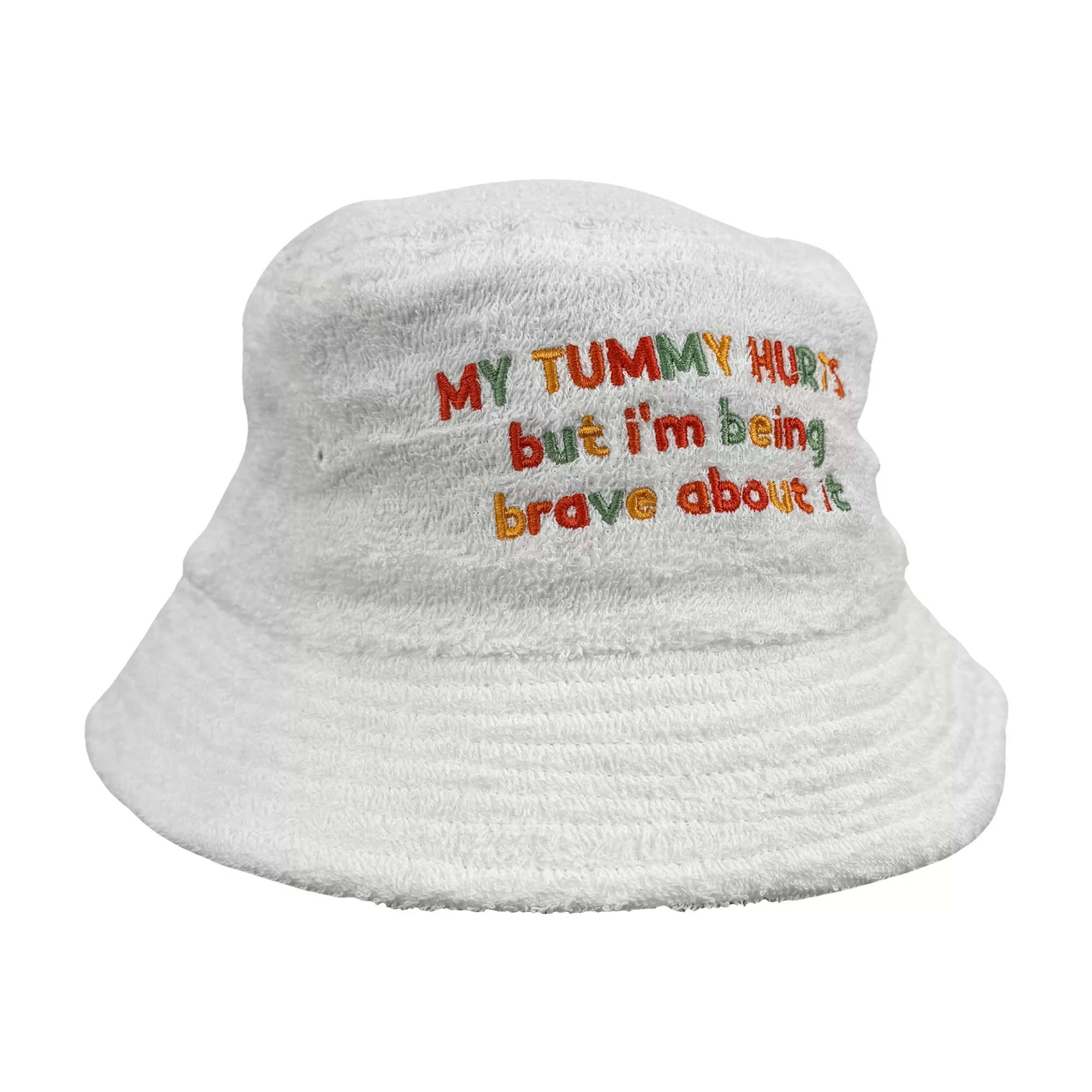 MY TUMMY HURTS WHITE TERRY TOWEL BUCKET HAT MY TUMMY HURTS WHITE TERRY TOWEL BUCKET HAT