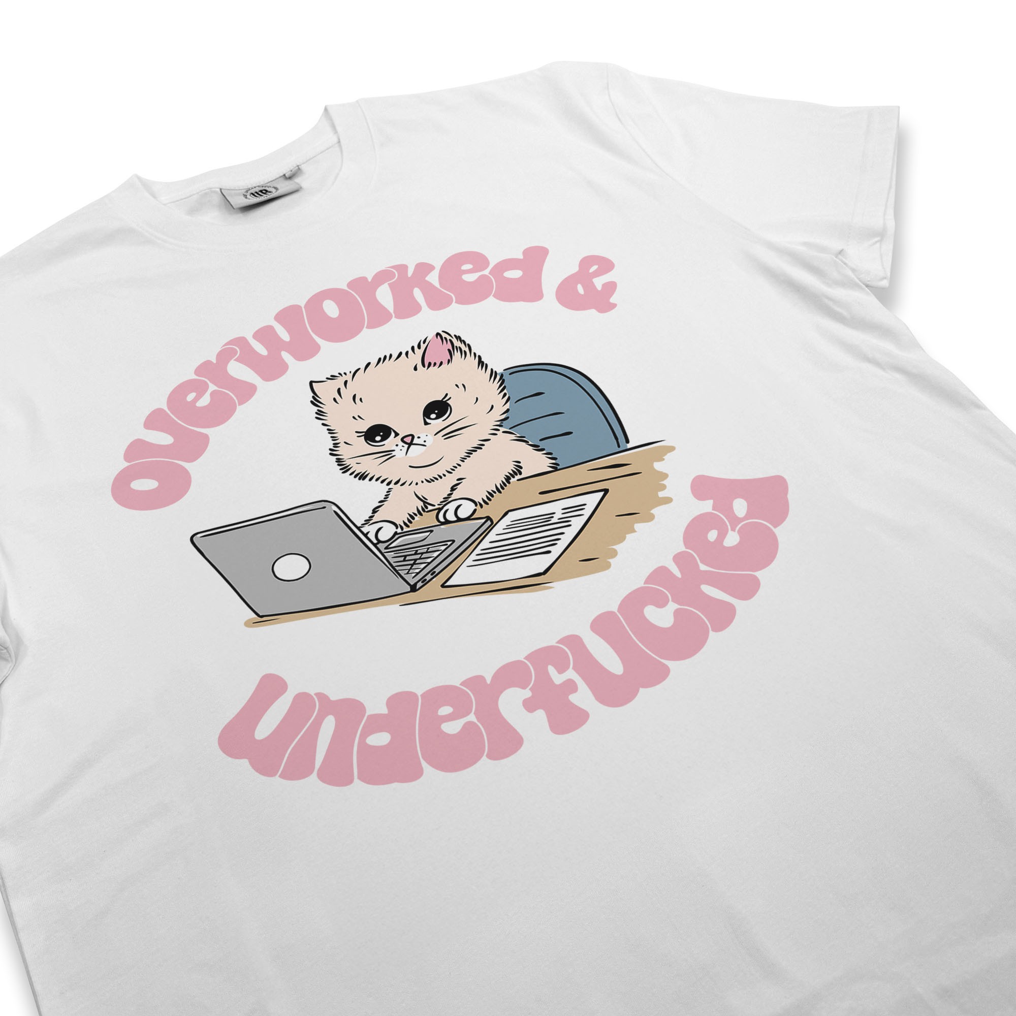 OVERWORKED CAT WHITE TEE