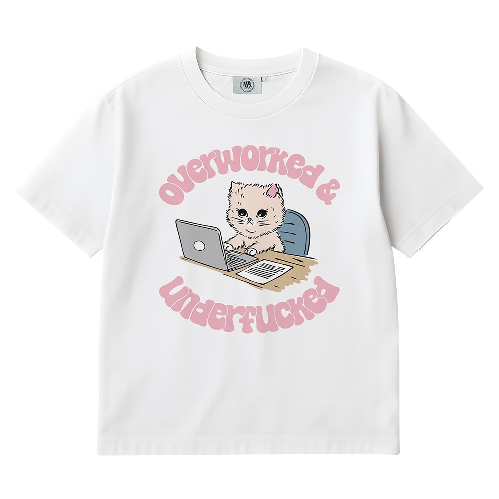 OVERWORKED CAT WHITE TEE OVERWORKED CAT WHITE TEE