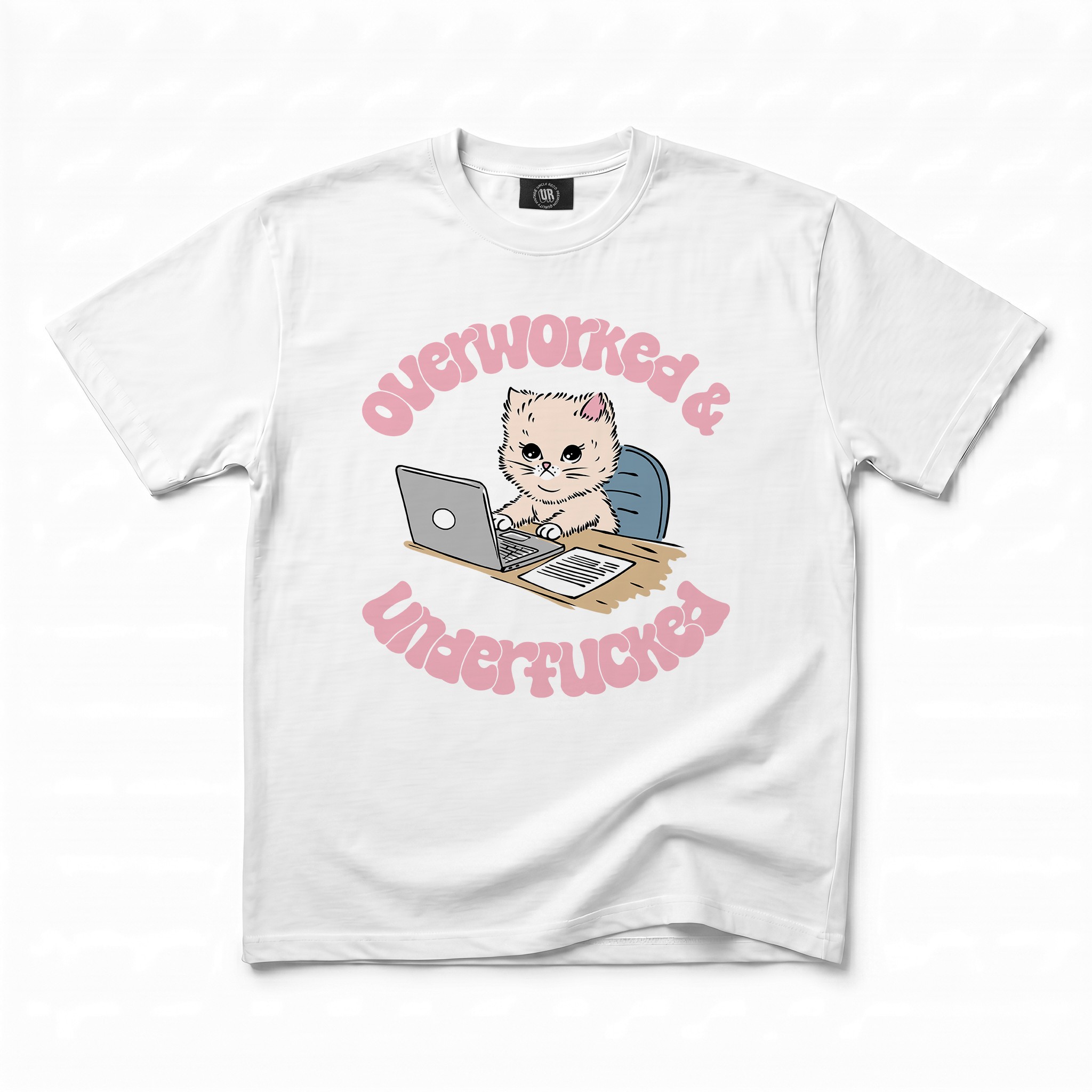 OVERWORKED CAT WHITE TEE OVERWORKED CAT WHITE TEE