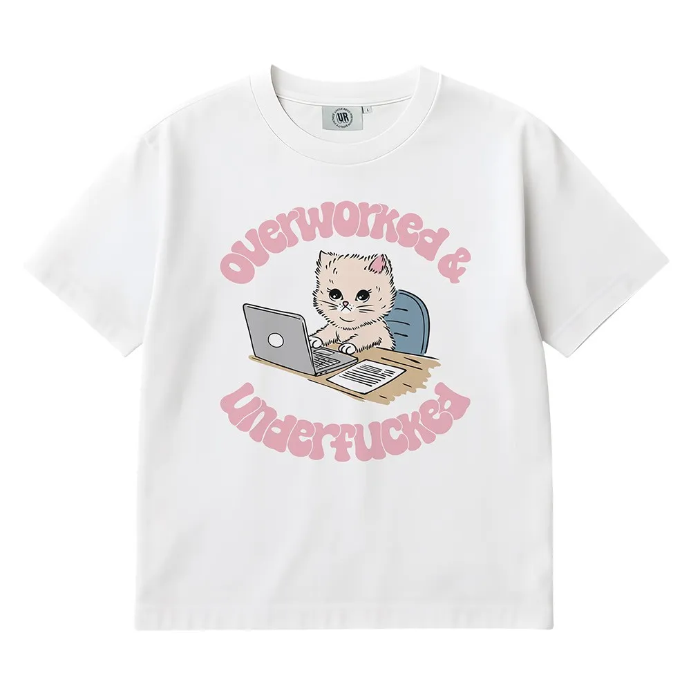 OVERWORKED CAT WHITE TEE