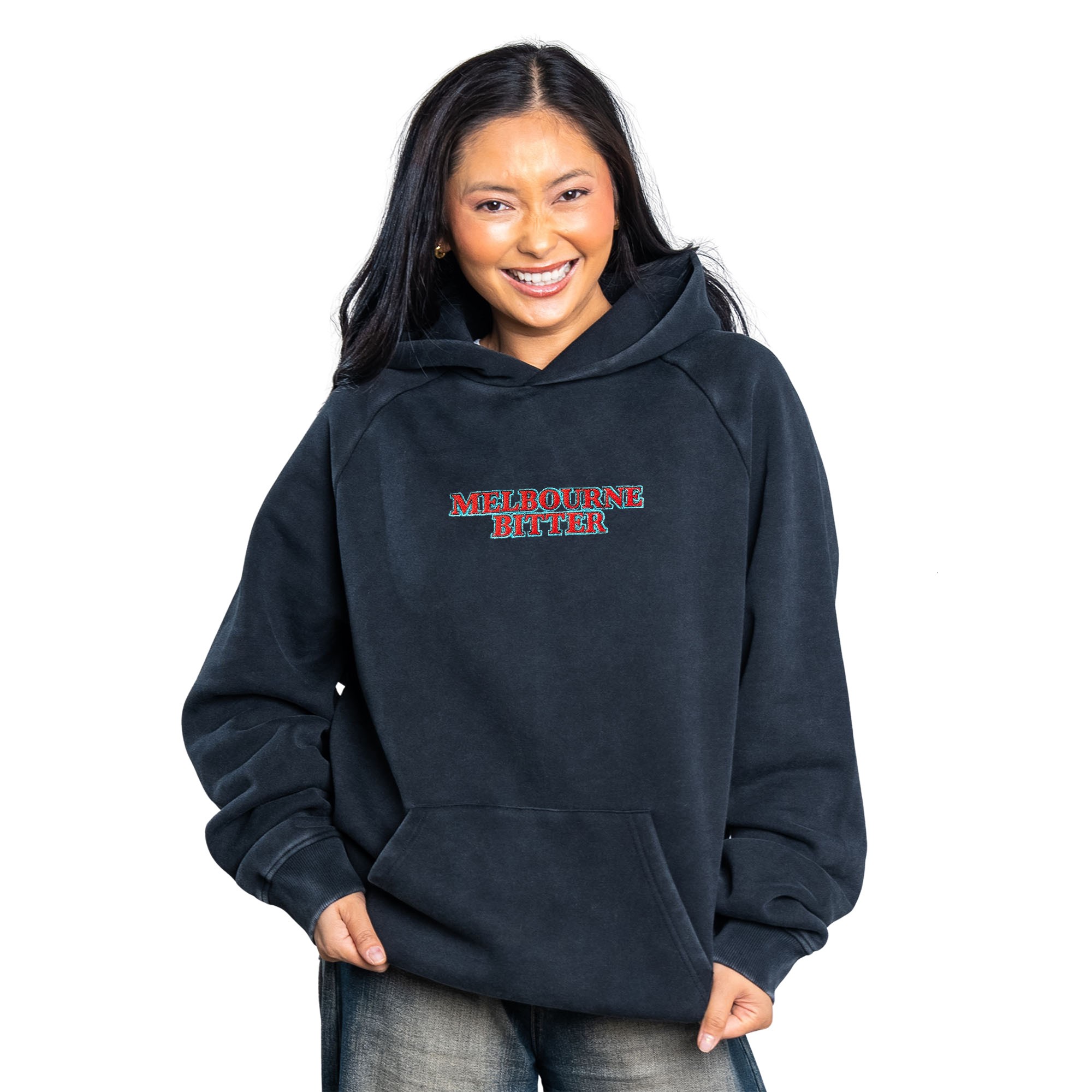 MELBOURNE BITTER SPELLOUT EMBROIDERED VINTAGE BLACK HOODIE