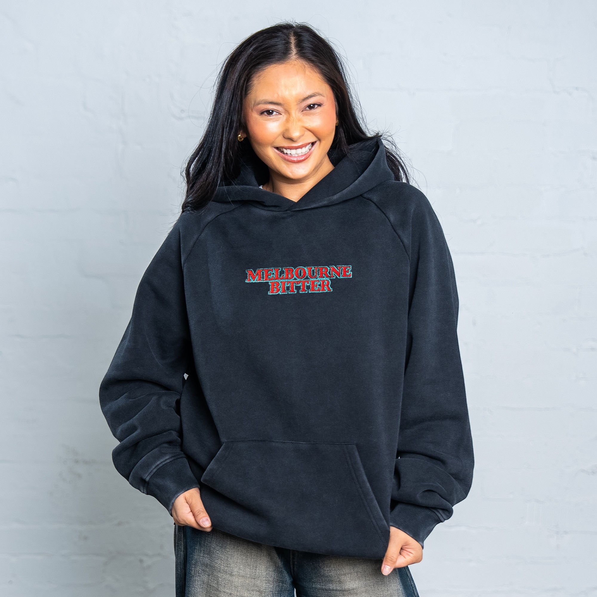 MELBOURNE BITTER SPELLOUT EMBROIDERED VINTAGE BLACK HOODIE