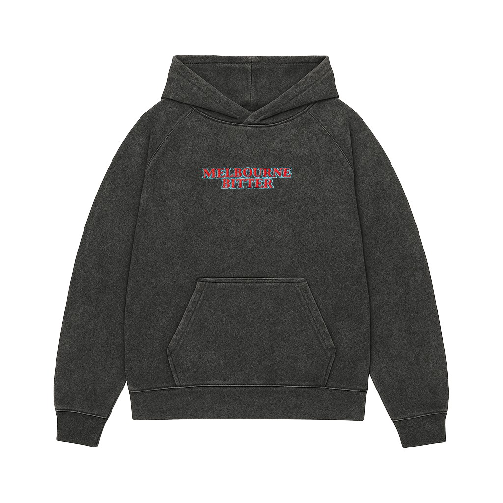 MELBOURNE BITTER SPELLOUT EMBROIDERED VINTAGE BLACK HOODIE