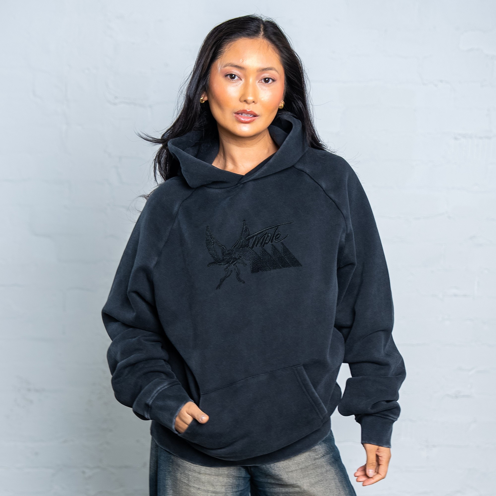 TRIPLE M BLACKOUT EDITION EMBROIDERED VINTAGE BLACK HOODIE
