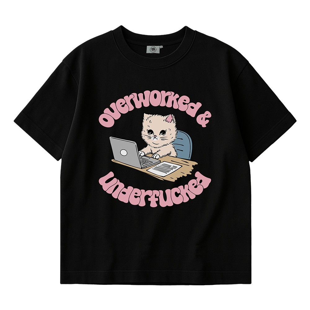 OVERWORKED CAT BLACK TEE OVERWORKED CAT BLACK TEE
