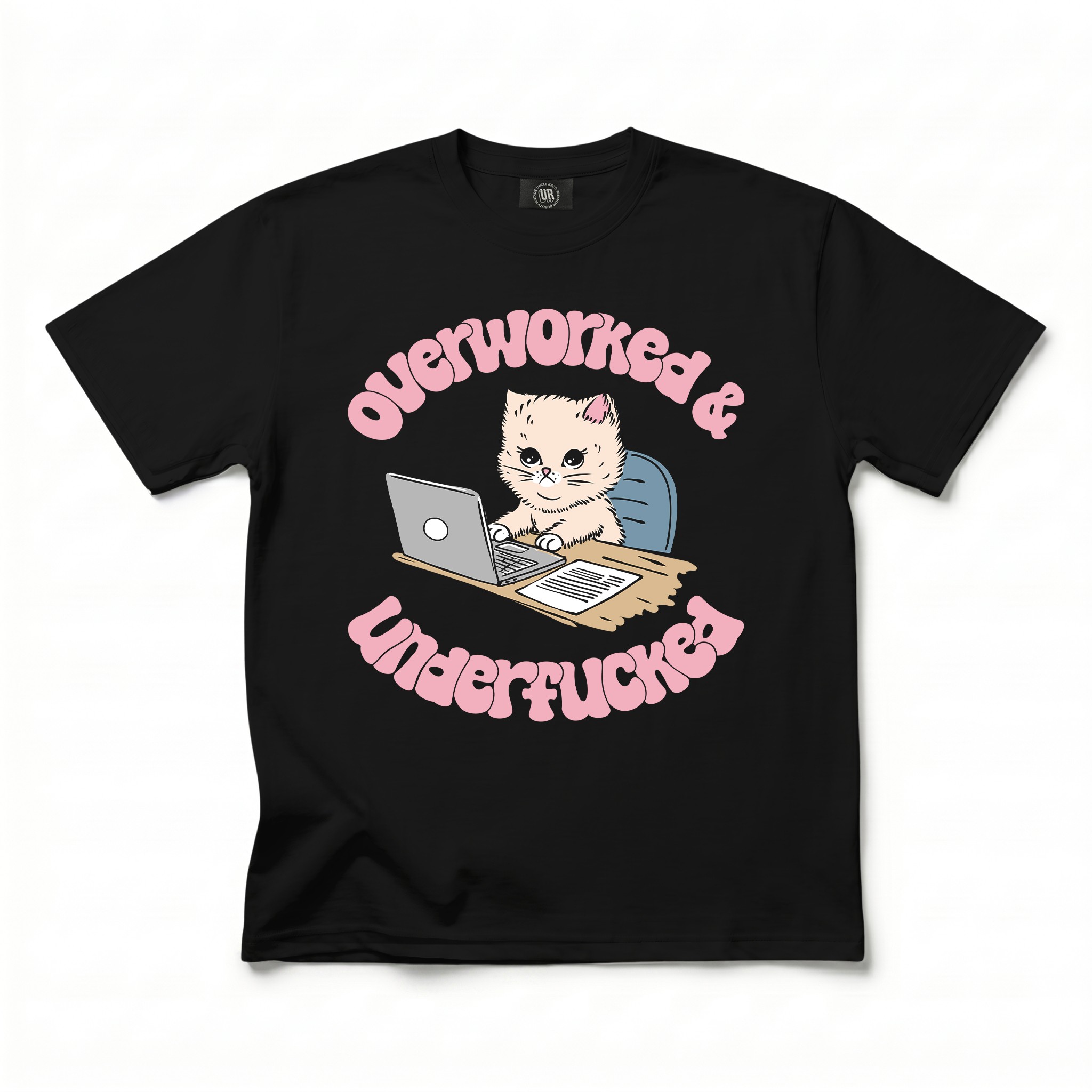 OVERWORKED CAT BLACK TEE OVERWORKED CAT BLACK TEE
