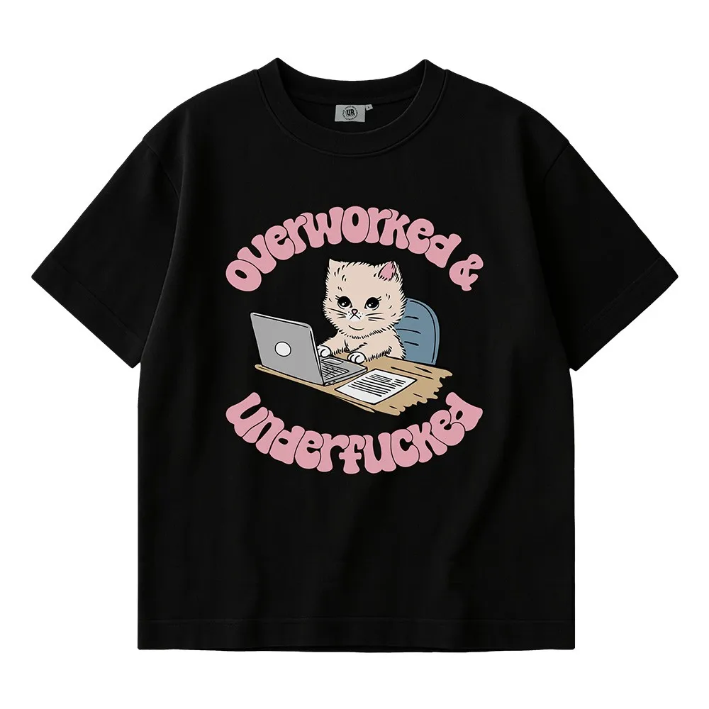 OVERWORKED CAT BLACK TEE