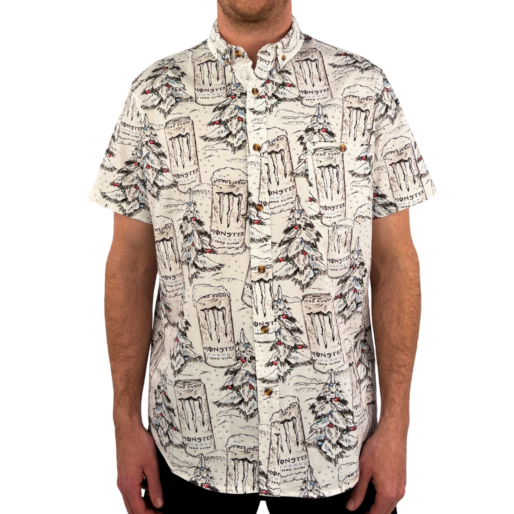 WHITE MONSTER CHRISTMAS BUTTON UP SHIRT PRE ORDER