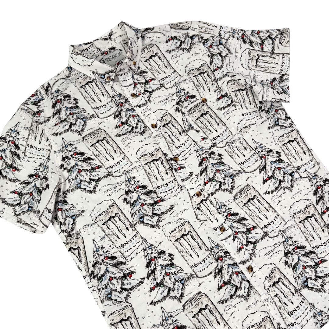WHITE MONSTER CHRISTMAS BUTTON UP SHIRT PRE ORDER