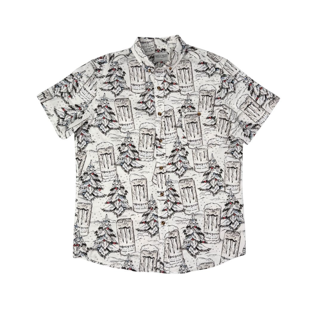 WHITE MONSTER CHRISTMAS BUTTON UP SHIRT PRE ORDER