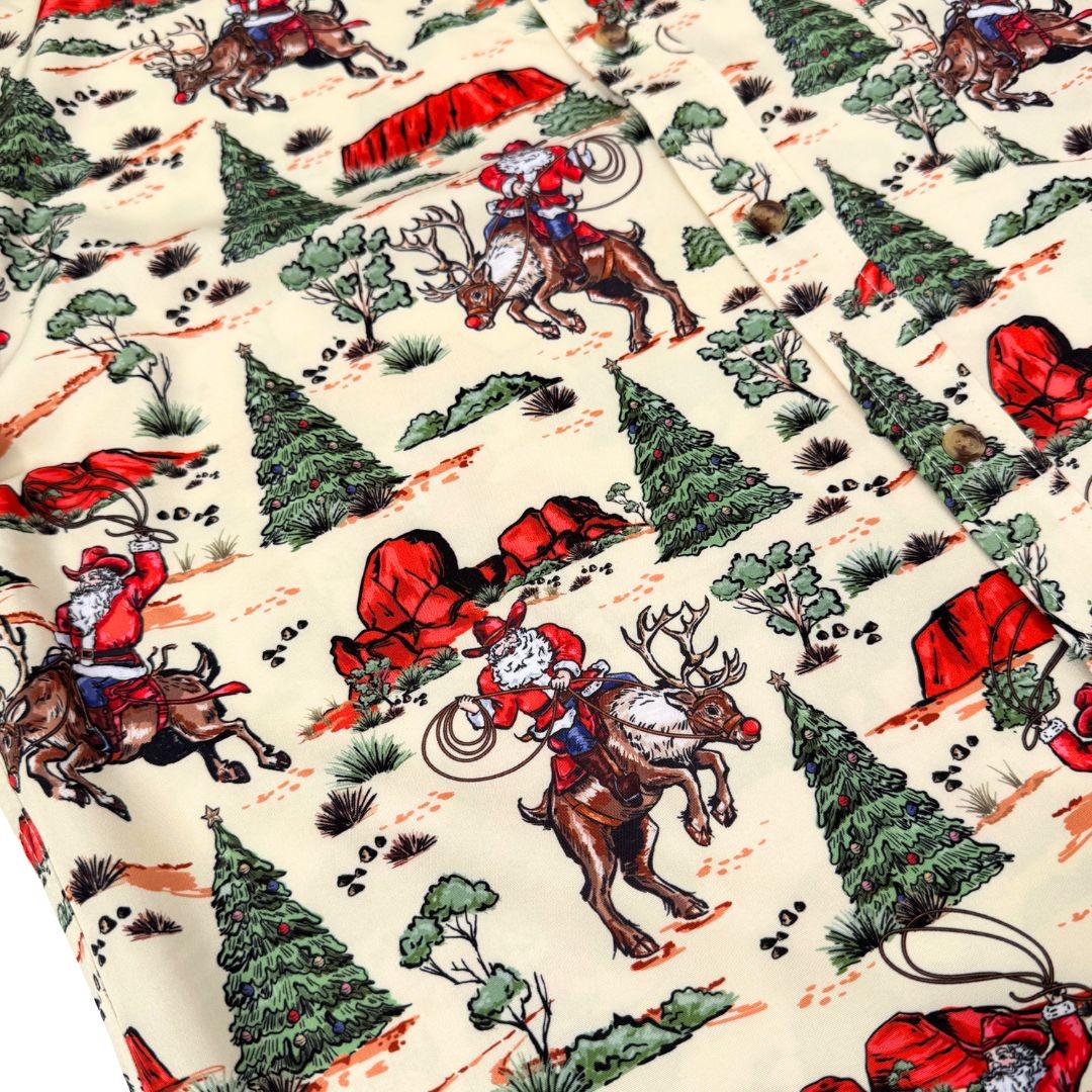 WESTERN SANTA CHRISTMAS BUTTON UP SHIRT PRE ORDER