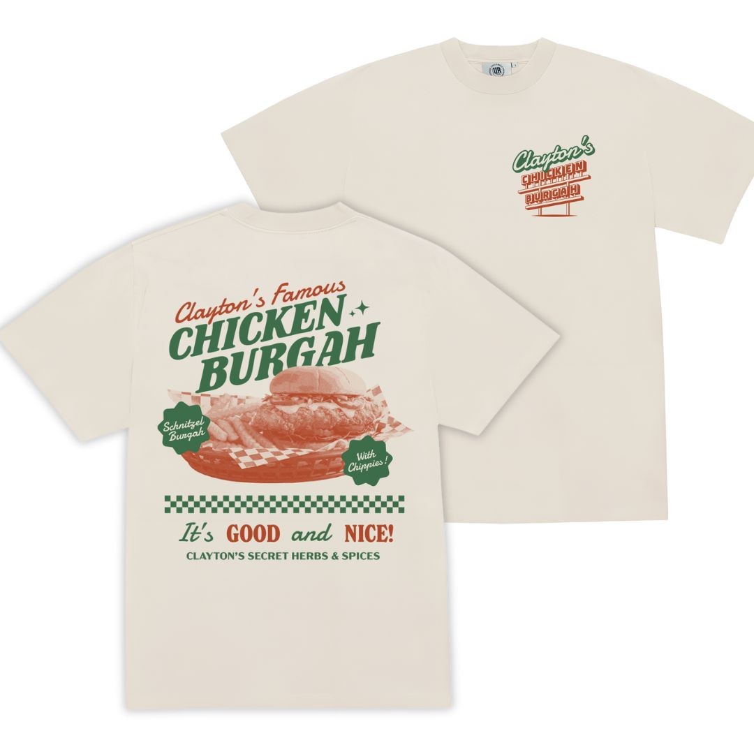 OVERSIZED CLAYTON'S BURGAH'S FRONT & BACK OFF WHITE TEE