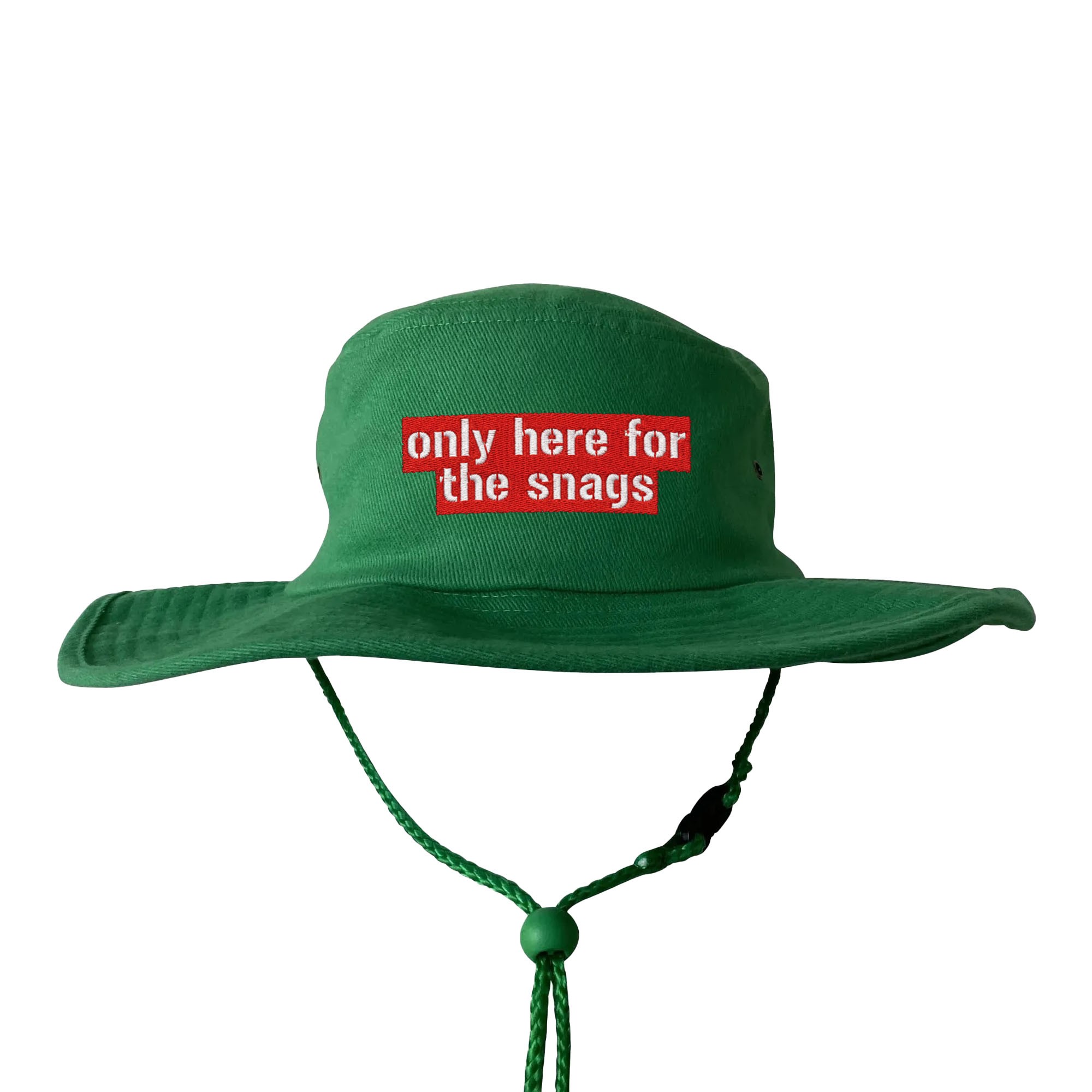 HERE FOR THE SNAGS GREEN WIDE BRIM HAT