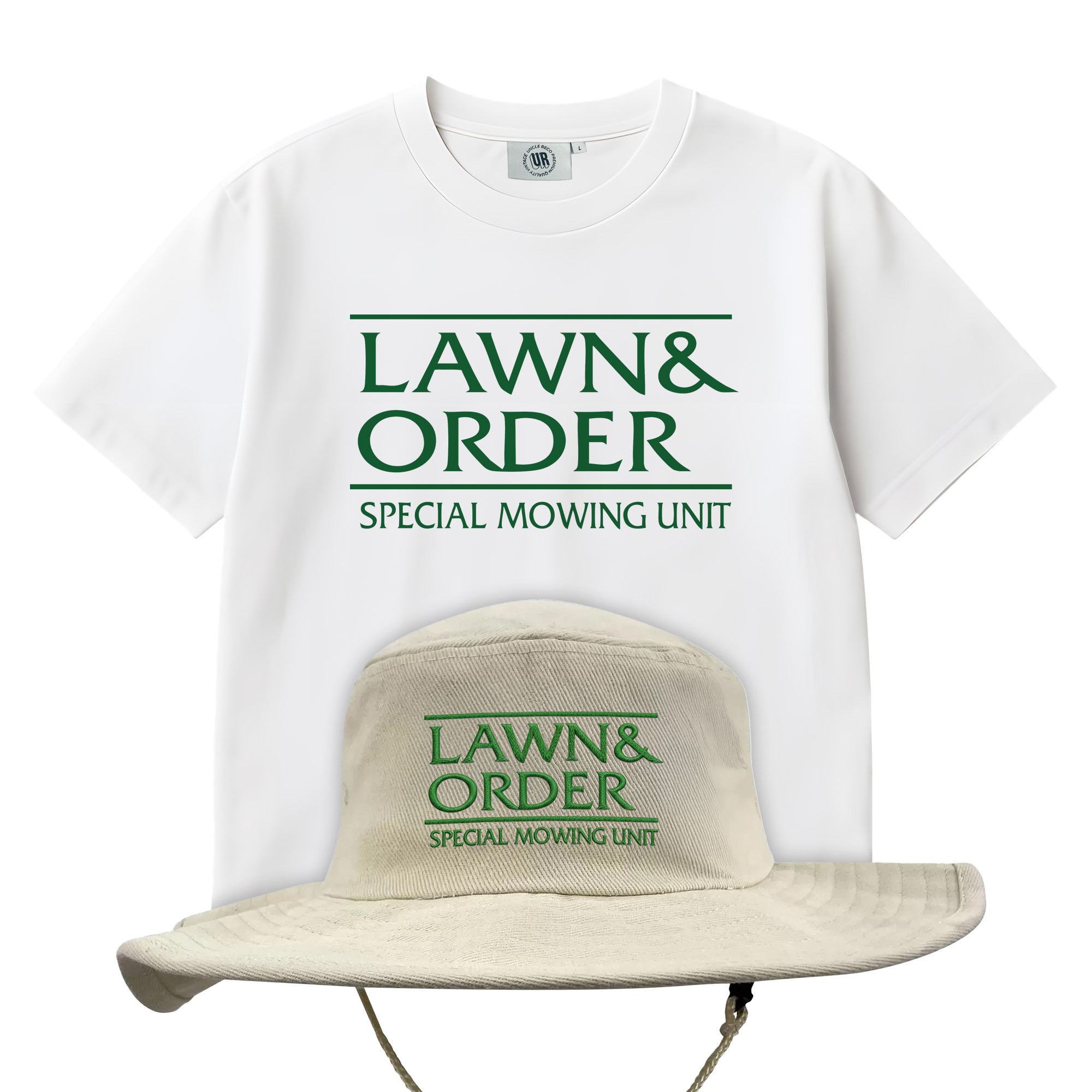 LAWN AND ORDER WHITE TEE & WIDE BRIM HAT COMBO LAWN AND ORDER WHITE TEE & WIDE BRIM HAT COMBO