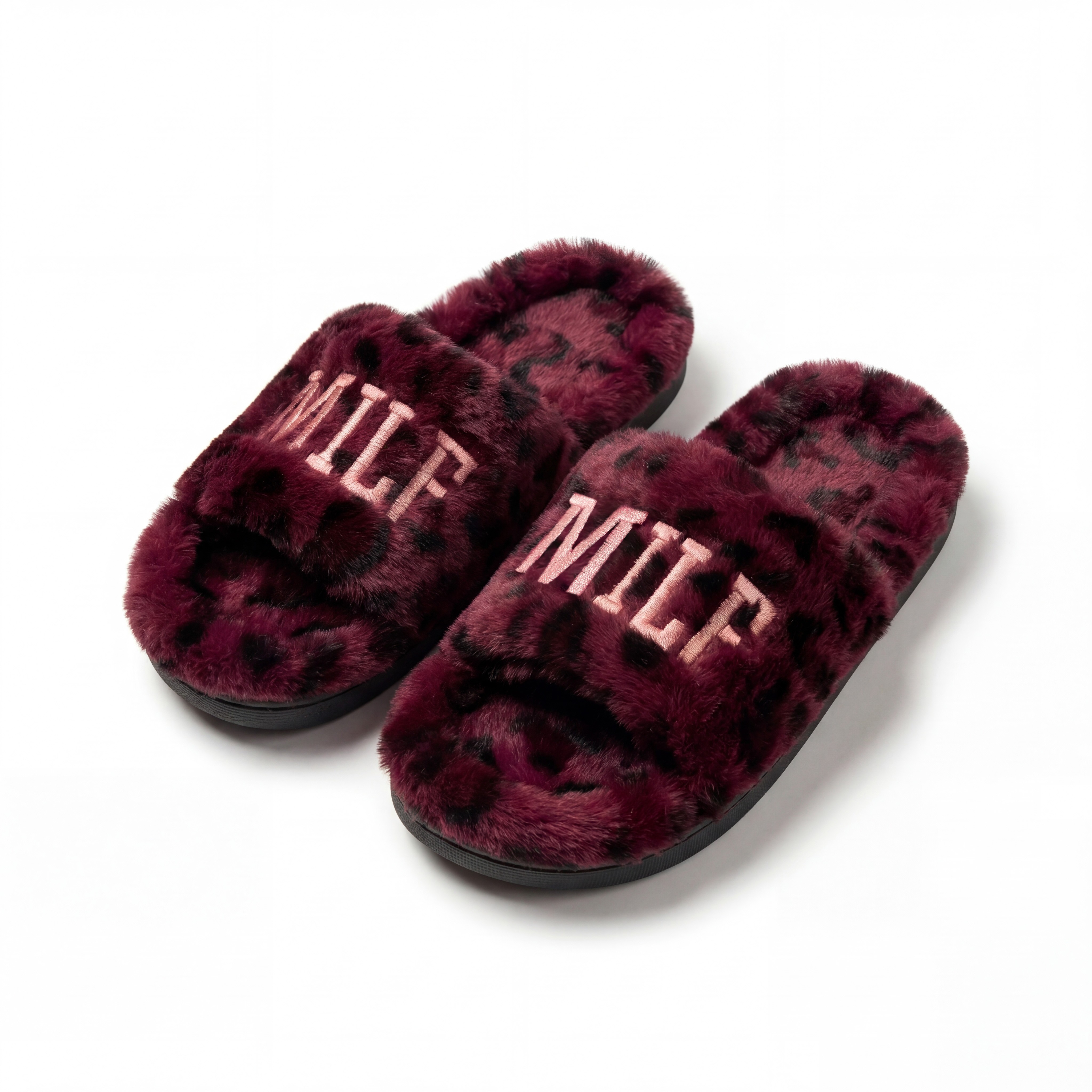 MILF BURGUNDY LEOPARD FUR SLIPPERS