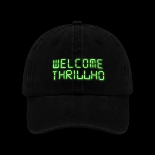 WELCOME THRILLHO WASHED BLACK DAD HAT WITH GLOW IN THE DARK THRE