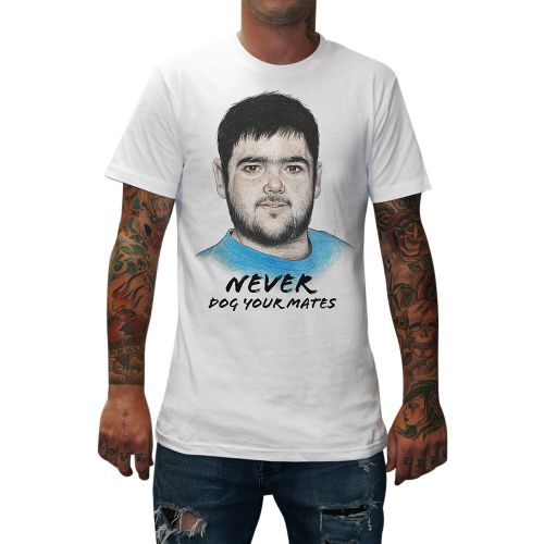 NEVER DOG YOUR MATES WHITE TEE