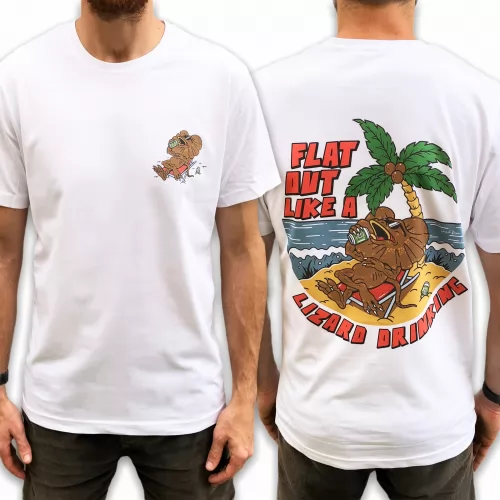 FLAT OUT LIKE A LIZARD FRONT AND BACK WHITE TEE