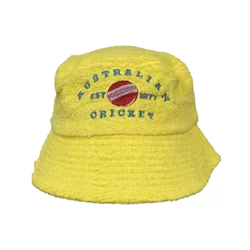 VINTAGE AUSTRALIAN CRICKET YELLOW TERRY TOWEL BUCKET HAT