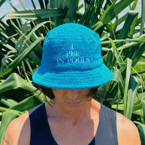 I PEE IN POOLS TERRY TOWEL BUCKET HAT BLUE