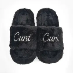 BLACK CURSIVE FUR SLIPPERS
