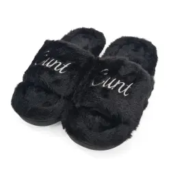BLACK CURSIVE FUR SLIPPERS