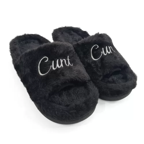 BLACK CURSIVE FUR SLIPPERS