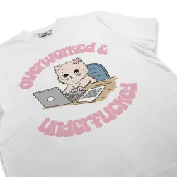 OVERWORKED CAT WHITE TEE