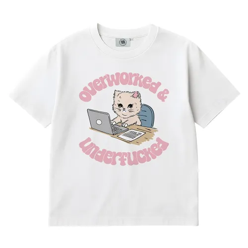 OVERWORKED CAT WHITE TEE