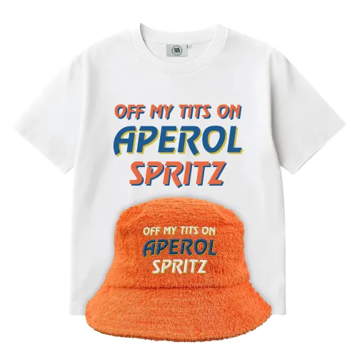 OFF MY TITS ON APEROL WHITE TEE & BUCKET HAT COMBO